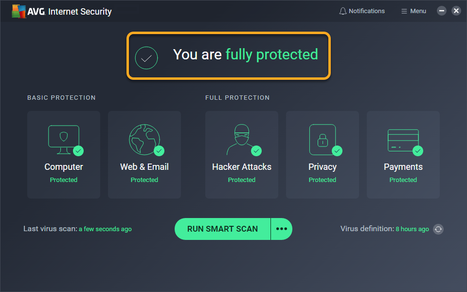 AVG AntiVirus protection status